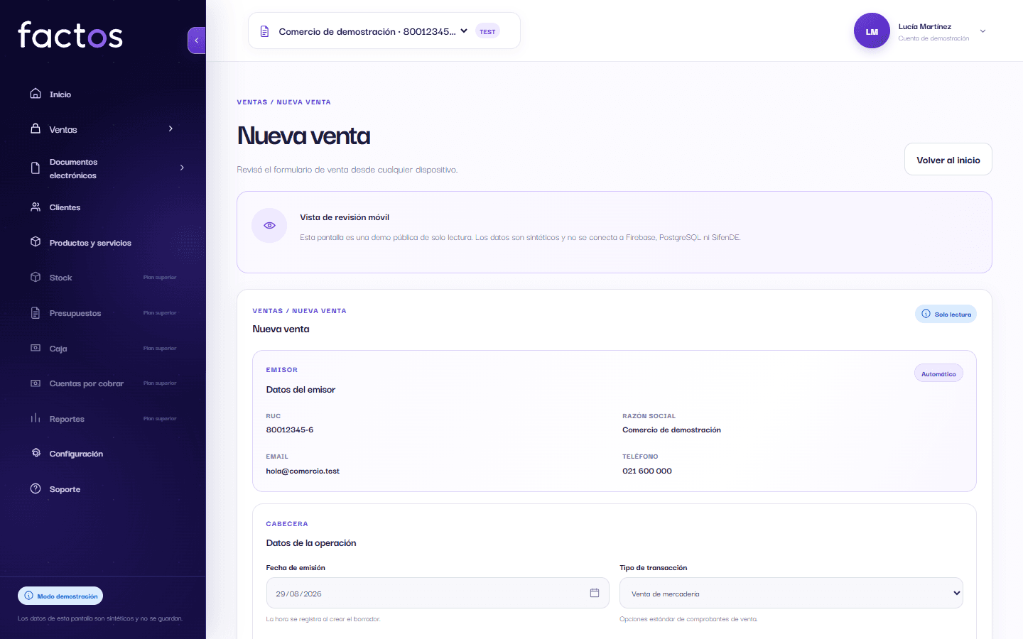 Vista real de Nueva venta en el modo de demostración de Factos